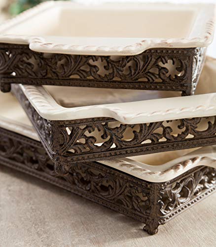 Original Scrolled Acanthus Ceramic Cream Baking Dish With 16-Inch By 10-Inch Metalwork Server #TOP5