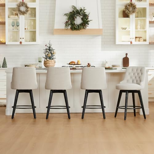 Image of Watson & Whitely Counter Height Bar Stools Swivel Barstools, Fabric Linen | Upholstered Modern Barstool with Back, Solid Wood Legs, 26 inch H Seat
