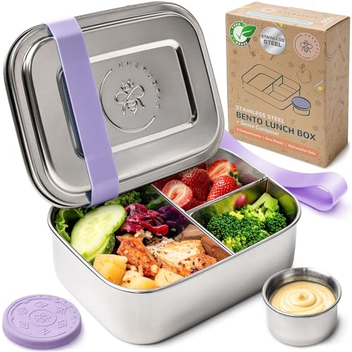 Everusely - Bento Box - Lavanda - 0,8 L - Fiambrera de acero inoxidable con recipiente para condimentos a prueba de fugas - Organizador de aperitivos de 3 compartimentos