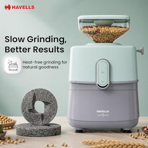 Image of Havells Nutri Grind Atta Mill| 400W High Torque Induction Motor | 1400 RPM Slow Speed Grinding | Quality Coarse Stones | 2 Yr Manufacturer Warranty| Grey & Pista Green