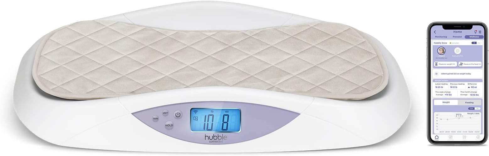 Hubble Connected Grow Smart Digital Baby Weighing Scale for Newborn Babies & Infants, Large LCD Display, Soft Changing Pad, 4-Sensor Technology, Tare & Hold Function