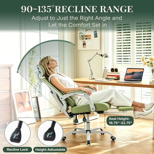 Image of Ergonomic Office Chair with Footrest, High Back Home Desk Computer Chair with Lumbar Support & Headrest, 90-135 Reclining Mesh Back with Wheels for Work, Gaming, Green