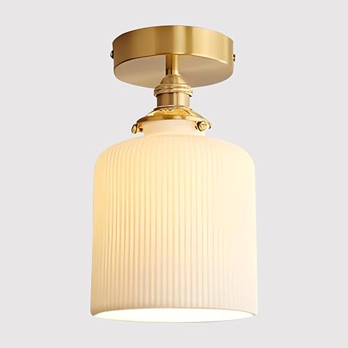 Vista 12 de Lámpara de techo semiempotrada de cerámica blanca vintage dorada para cerca del techo, pequeña luz de vidrio de leche montada empotrada para cocina
