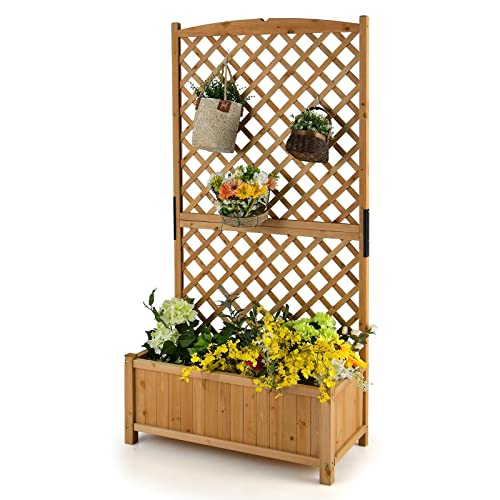TANGZON Wooden Planter with Trellis, Freestanding Raised Garden Bed for Vine Climbing Plant Flower, Outdoor Elevated Trough Planter Support Box (without Hanging Roof, Dark Natural, 90 x 45 x 180cm)