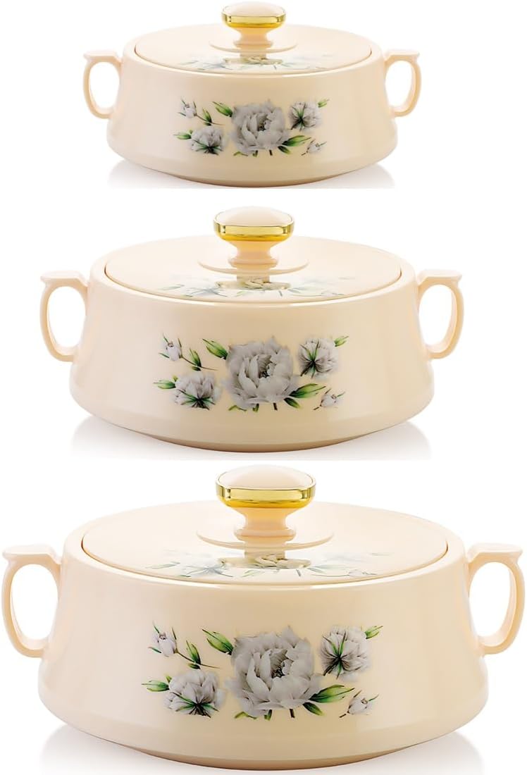 Rishabh Insulated Hot pot Casserole Hot & Cool Food Serving Dish with Lid, Double Wall. Stainless Steel Inside Set of 3 (Cream)