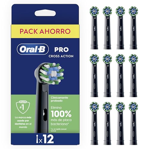 Oral B Pro CrossAction Cabezales De Recambio ORIGINALES para Cepillo Eléctrico Oral B Pro,Pack De 12 Recambios Negros Con Indicador De Uso Y Filamentos En Forma De X Para Una Limpieza Suave Y Profunda