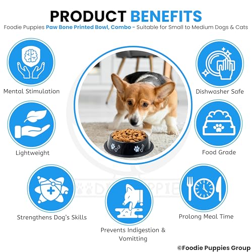 Image of Foodie Puppies Stainless Steel Dog Bowl Combo - (Medium,700ml) Food and Water Feeding Bowl | Suitable for Small to Medium Dogs I Paw Bone Print, Anti-Skid Rubber Base I Gift for Dogs (Skyblue + Black)