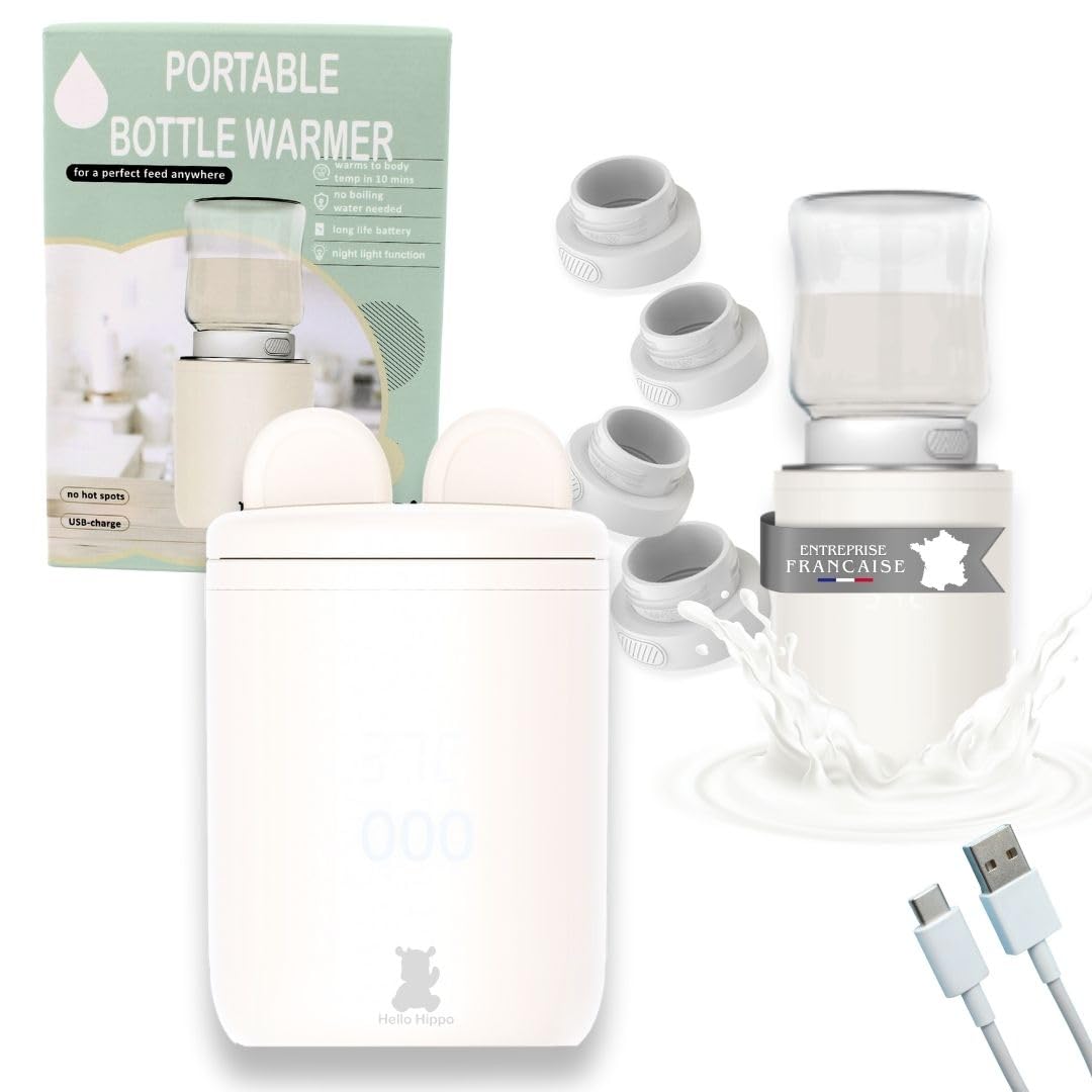 Hello Hippo - Chauffe-biberon Compact et Portable : USB-C Rechargeable, Anti-Fuite, Compatible avec Philips Avent, MAM, NUK | 4 Températures Réglables | Chauffage Rapide et Efficace