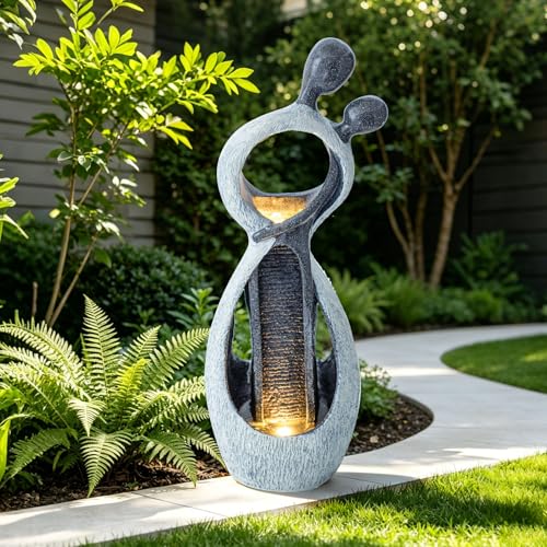 Image of Human Embrace Outdoor Water Fountain, Resin with LED, 39.8 in | Cascading waterfall design, freestanding feature, decorative ornament for patio, backyard, porch and home