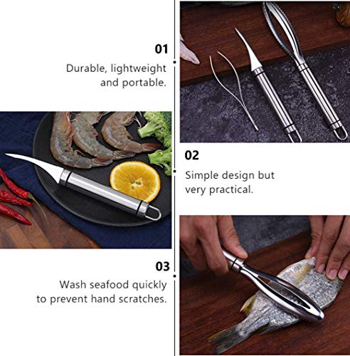 Foto von Nuyoah Fischentschupper Fischschuppen Entferner 4stk Fischschupper Schaber 304 Edelstahl Fisch Entschuppen mit Fischgrätenzange und Garnelenschäler