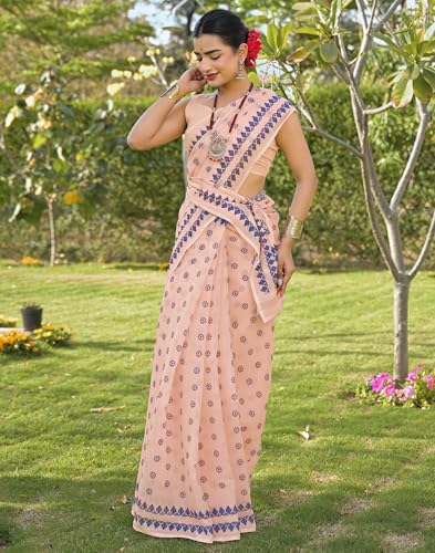 Image of SIRIL Women's Cotton Linen Mekhela Chador Printed Saree with Unstitched Blouse Piece