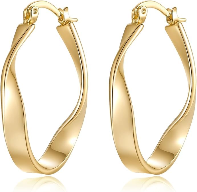 14K Gold Hoop Earrings for Women Large Gold Hoops Earring Thick Twisted Wave Earring for Women