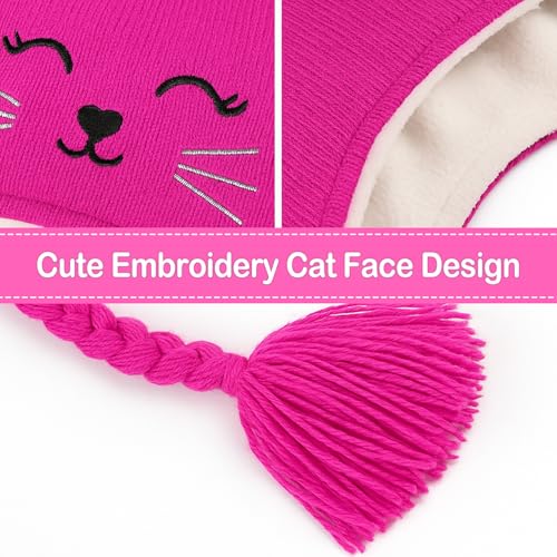 Girl Knit Cat Ear Beanie Hat and Glove Set Kids Winter Earflap with Braided Ski Skull Cap Mitten Set Age 3-74