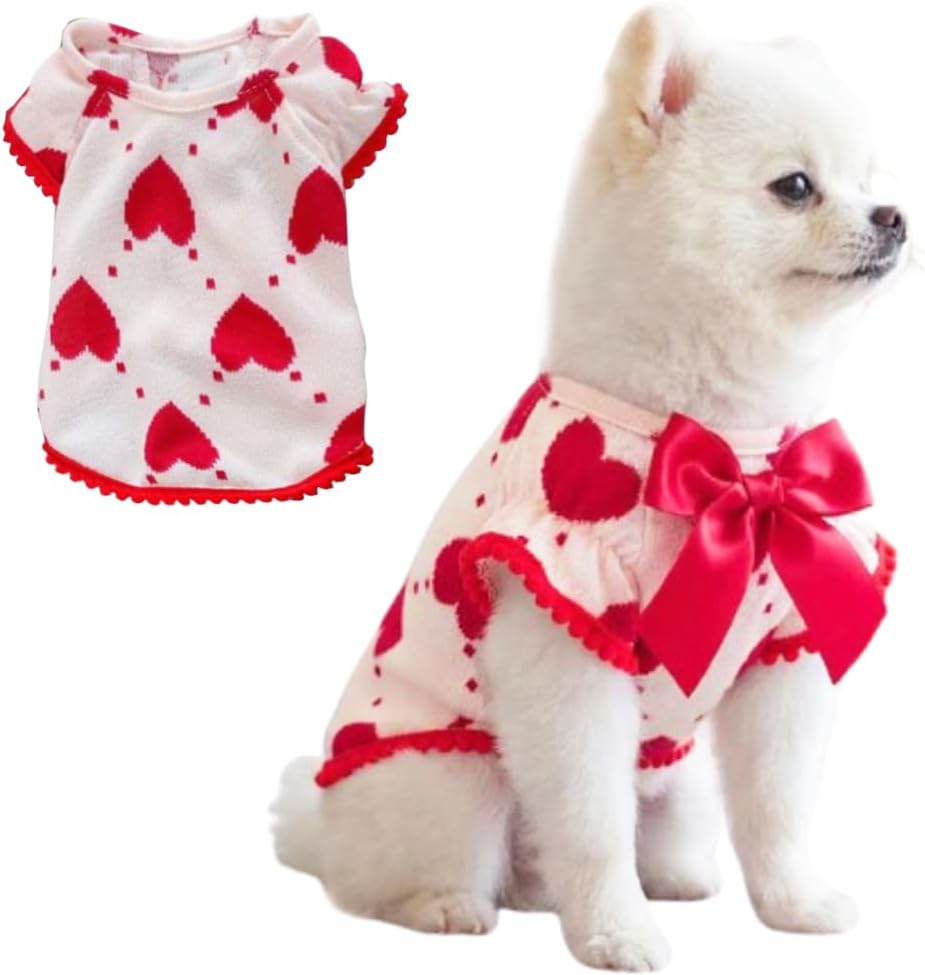 Spring Dog Clothes for Small Dogs Girl Boy Thin Cat Sweater with Red Bow Heart Puppy Shirt Fall Dog Outfit Haliday Pet Clothes for Chihuahua Yorkie Pug Yorkie (Heart red, X-Large)