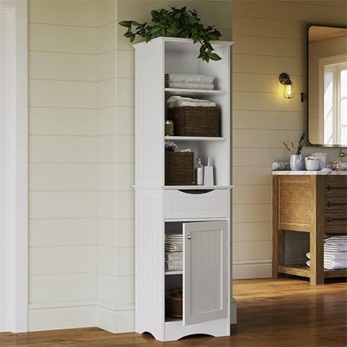 Riverridge, White Ashland Bathroom Freestanding Storage Cabinet With Three Open Shelves And Drawer #TOP1