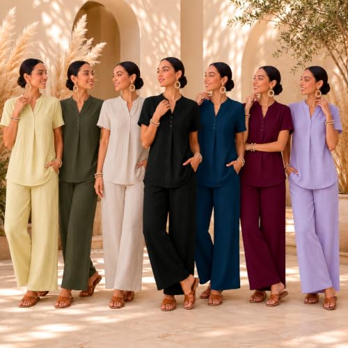 Image of TOPLOT Women's Co-ord Set | Stylish Matching Top & Bottom Set | Notch Neckline with Button Detail | Loose-Fit, Short-Sleeve Top with a Relaxed Silhouette |Ideal for Casual (5250)