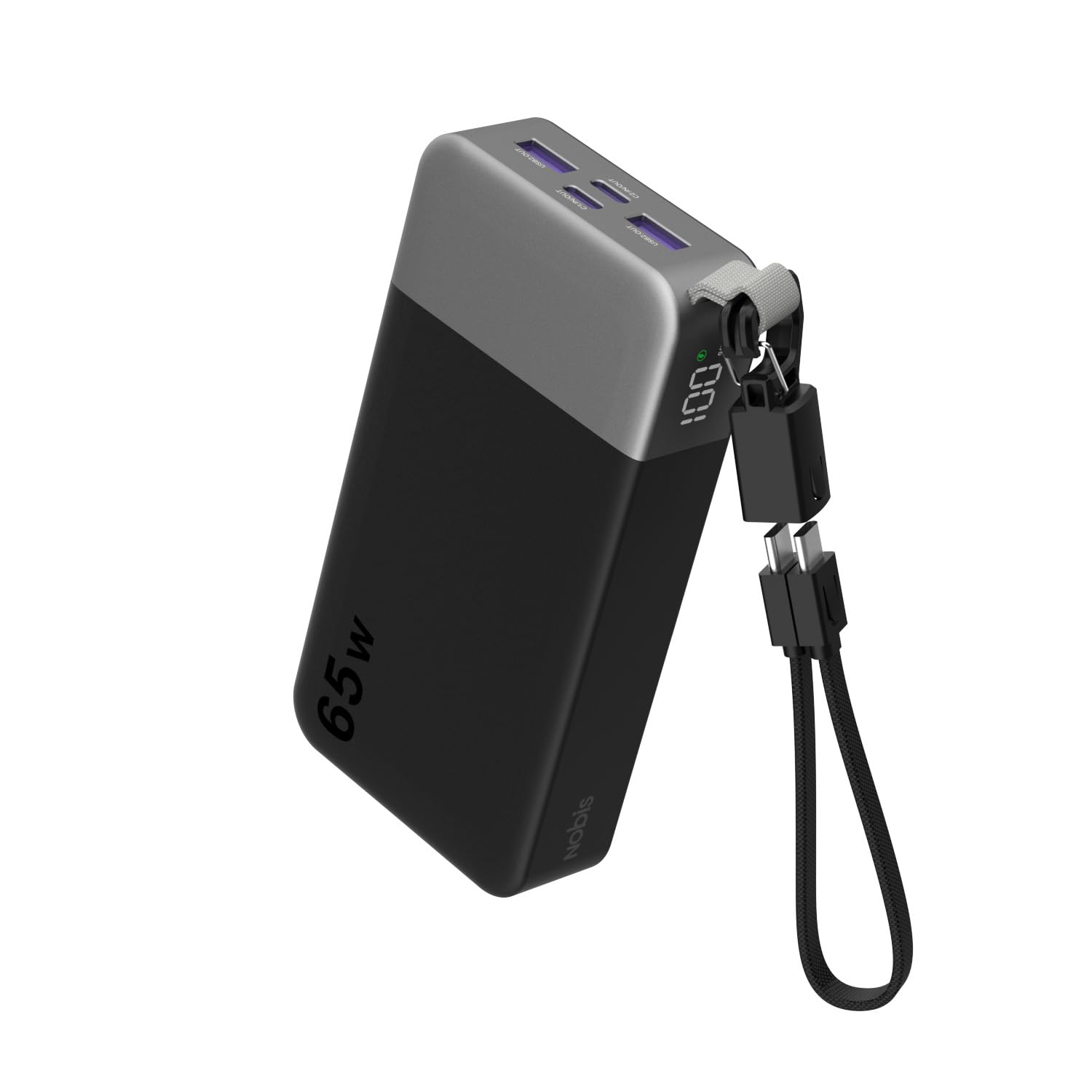 NOBIS Cargador Portátil 20000mAh 65W Power Bank con Cable Lanyard | 2C+2A Carga Rápida USB-C, Batería para Portátil con Pantalla LED, para Notebooks, Tablets, Teléfonos y Steam Deck