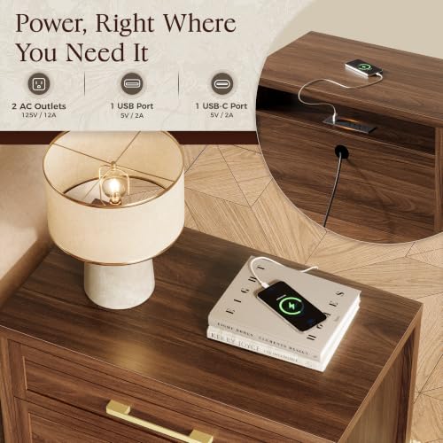 SUPERJARE 26.8'' Tall Night Stand with Charging Station, Set of 2 | 27.6''W Nightstand with USB-C Port, Bedside Table with 3 Drawers, Modern End Table for Bedroom, Living Room, Walnut - image 4
