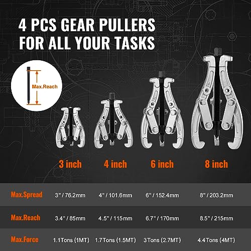 Image of VEVOR Gear Puller Set, 3 inch 4 inch 6 inch 8 inch Puller Kit, 3 Jaw Gear Bearing Flywheel Pulley Removal Tool, 2 or 3 Reversible Jaws Wheel Puller, Vertically and Horizontally, External and Internal, 4-Piece