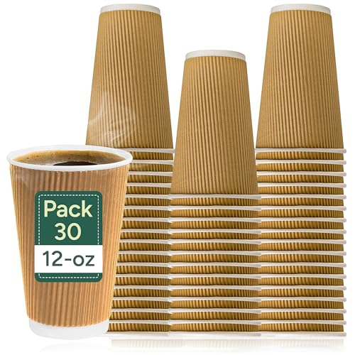 Zuvo Ripple Takeaway Paper Coffee Cups - [30 Cups - 12 OZ] Best for Hot Drinks, Brown
