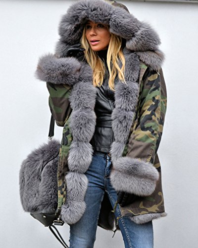 Aofur Womens Hooded Fur Lined Warm Down Coats Parkas Anoraks Outwear Winter Long Jackets (X-Small, Green Camo_Grey Fur)
