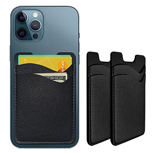 Phone Card Holder, Leather Phone Wallet Stick On, Card Holder for Back of Phone Credit Card Holder for Phone Case Compatible with Most of Cell Phone (iPhone, Samsung) - 2Pack Black