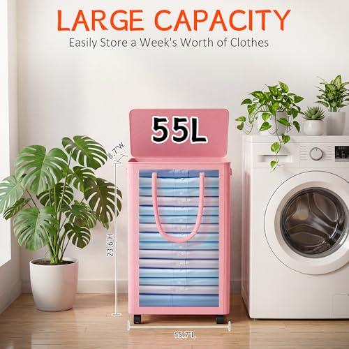 Image of Slim Laundry Hamper with Wheels,15 Gal (55L) Rolling Laundry Basket with lid and wheels Clothes Hamper Foldable Tall Dirty Clothes Basket Sturdy Collapsible Clothes Hamper for Dorm,Laundry Room