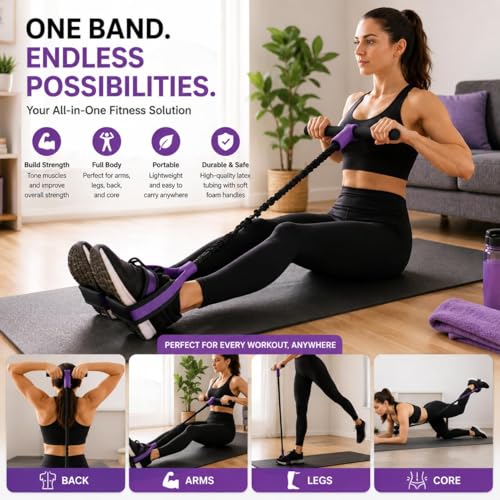 Image of ZURATO Sit Up Assistant Tension Rope with Foot Pedal Resistance Band for Home Workout, Abs Trainer Exercise Pull Rope for Yoga, Stretching, Core Training, Fitness Equipment for Men & Women (Grey)