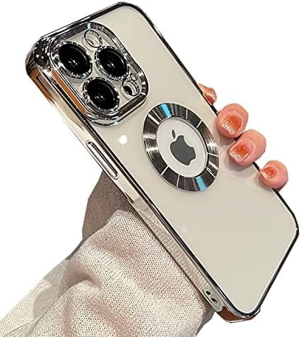 ZXDK Logo View Case for iPhone 14 ProMax,with Camera Lens Protector, Soft Slim Ultrathin Plating Transparent for Women Men, for iPhone 14 Pro Max Phone Case Cover (Silver)