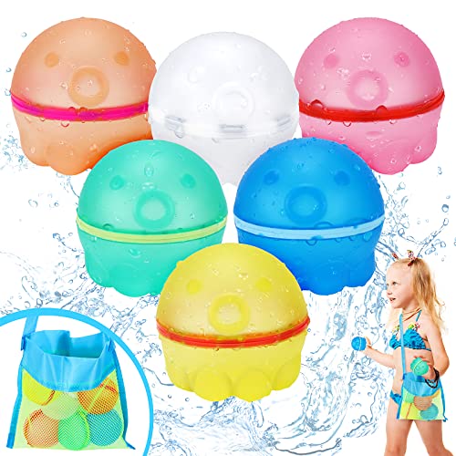 Hysagtek Reusable Water Balloons for Kids Adults, Quick Refillable Self-Sealing Water Bomb Latex-Free Silicone Octopus Water Splash Ball with Mesh Bag, Summer Pool Beach Water Toys (6PCS）