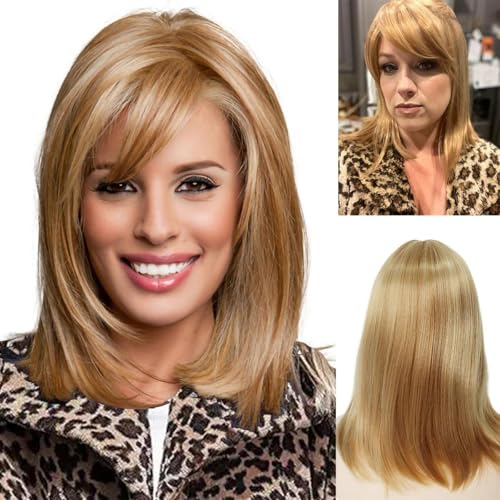 GNIMEGIL Wigs Strawberry Blonde Wig with Bangs Synthetic Hair Full Natural Hairstyle Straight Medium Length Bob Cut Halloween Beth Costume Wigs for Women Cosplay Wig Honey Blond