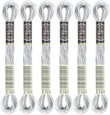 6 Skeins Embroidery Thread, Metallic Silver Embroidery Floss Friendship Bracelet String, Polyester Cross-Stitch Threads Friendship Bracelet String for Hand Embroidery, String Art
