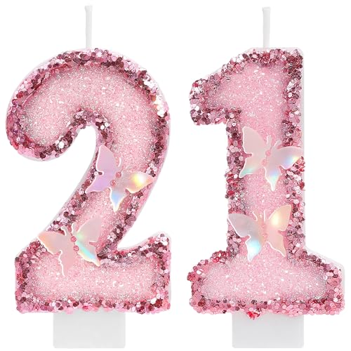 Girls Number 21 Birthday Candles Pink Sequins Butterfly Birthday Candle Glitter Candle Cake Topper Cupcake Decorations Party Supplies