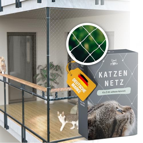 Samtpfote® Katzennetz für Balkon & Fenster - 4 x 3 m - Transparentes Katzenschutznetz inkl. Montagematerial - langlebig, reißfest und robust -...