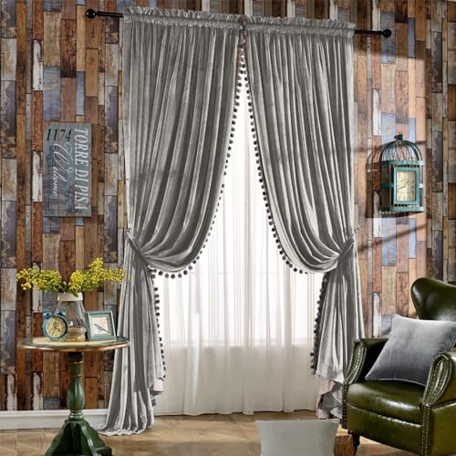 Image of Melodieux Pom Poms Velvet Curtains Extra Wide for Patio Doors, Vintage Luxury Bedroom Living Room Thermal Insulated Rod Pocket Window Drapes, 100 inch W x 84 inch L, Gray (2 Panels)