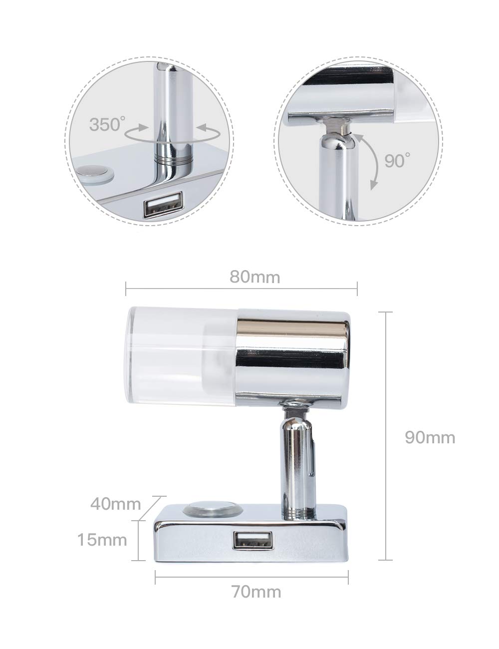 lighteu, 2X 12V 3W A2 USB Faretto a soffitto/Parete, Finitura cromata, Luce di Lettura Girevole e Girevole con Interruttore a sfioramento dimmerabile Caldo Luce Bianca/Blu per Yacht, roulotte, Camper
