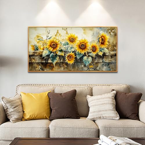 ERQINHUA Large Wall Decor Canvas Painting Wall Art For Living Room Decor Vintage Yellow Sunflower Painting Wood Frame DecorPrint Artwork For Dining Room Bedroom Bathroom Kitchen Home Decor 24x48 In