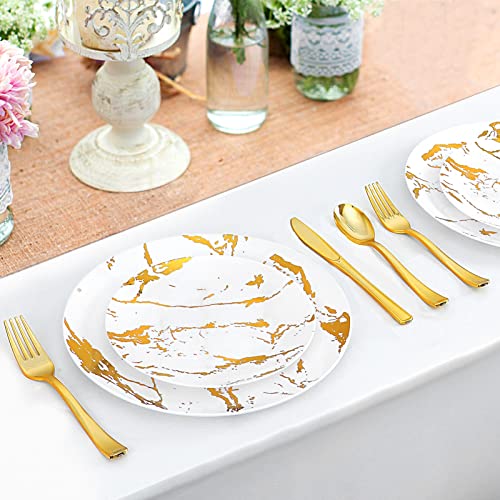 Bayzz 175Pcs Plastic Dinnerware Set, 50 White And Gold Plastic Plates With Marbling Design, 25 Gold Plastic Silverware, 25 Gold Cups, 25 Napkins, 25 Guest Disposable Dinnerware Set For Wedding, Party #TOP2
