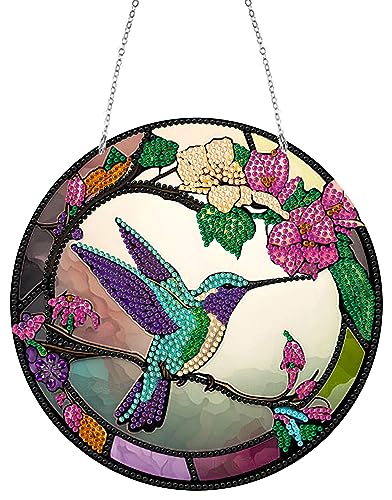 LUSandy Kit per pittura con diamanti fai da te con fiori 5D colibrì cartello da appendere cartello artistico da parete uccello arte diamante arte Suncatcher finestra ornamento appeso finestra ciondoli