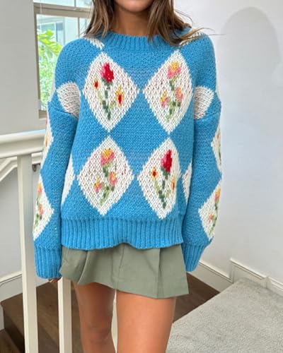 Image of ZAFUL Floral Sweaters for Women Trendy Crew Neck Long Sleeves Knitted Pullover Boho Sweater Chunky Knit Tops