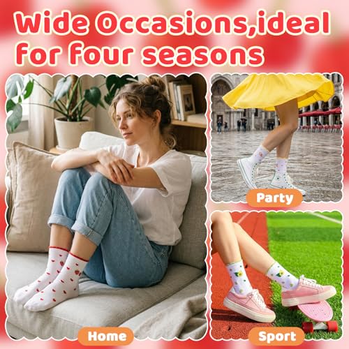 Image of 6 Pairs Women's Cute Crew Socks, Casual Athletic Cotton Cherry Heart Strawberry Calf Novelty Socks for Women