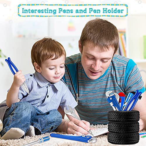 Zonon 6 Pcs Novelty Tool Pens Set with 2 Pcs Tire Shaped Pen Holder Writing Ballpoint for Man Desk Home Office Gift Accessories Organizer Tire Succulent Cactus Planter Pot Decoration