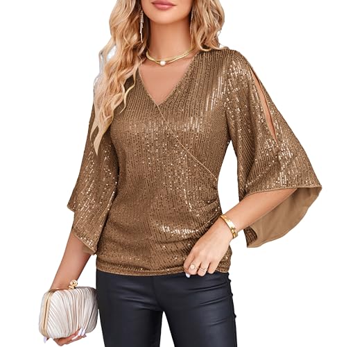 GRACE KARIN Womens Sequin Tops 3/4 Sleeve Glitter Sparkly Shimmer Party V-Neck Disco Club Concert Shirts Brown XL