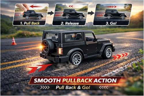 Image of Diecast 1:36 Thar Toy Car Metal Body Openable Doors Bonnet Boot Pullback Action Light Music Black