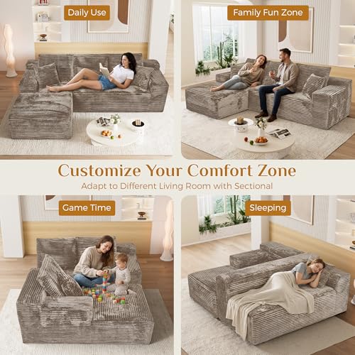 Image of 108 inch Boneless Cloud Sectional Couches for Living Room, Fluffy Comfy L Shaped Memory Foam Deep Seat Boneless Couch, Modular Sectional Sofas with Left Facing Chaise, Brown