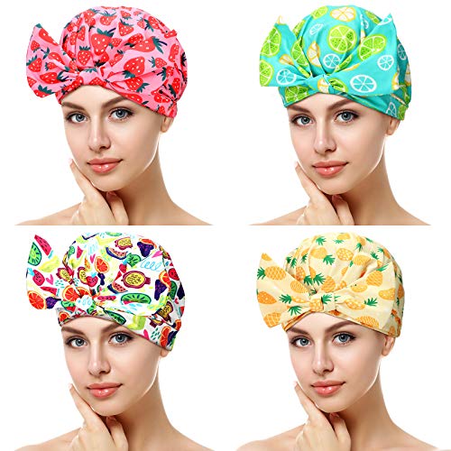 4 Pieces Shower Caps Waterproof Bowknot Bathing Caps Reusable Shower Cap Multi-functional Colorful Shower Cap for Women Girls, 10 x 10 x 6.5 Inch (Strawberry, Pineapple, Lemon, Watermelon)