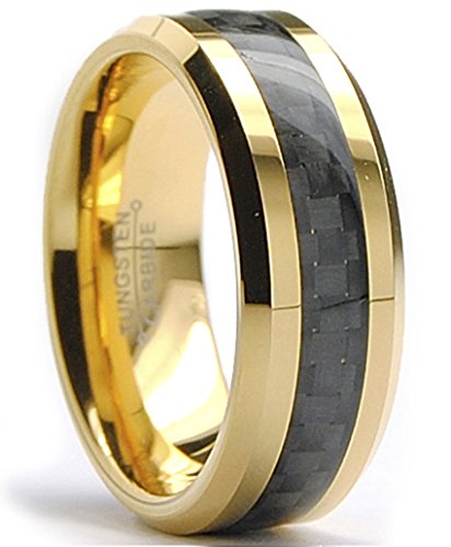 Bonndorf 8MM Men's Goldtone Plated Tungsten Carbide Ring Wedding Band W/Black Carbon Fiber Inaly