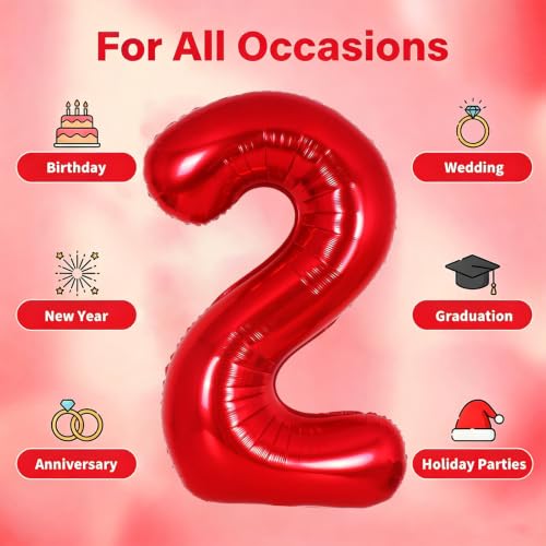 Image of Number Balloons Red Party Balloon - 40 Inch Large Number 2 Balloon, Numbers Balloon Birthday Decorations, Red Party Supplies for Anniversary