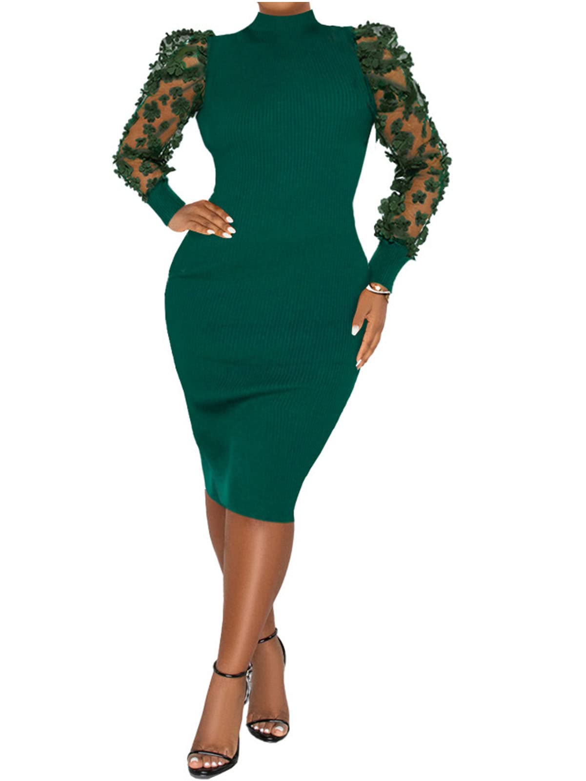 Women Elegant Mesh Long Sleeve Dress Ribbed Night Club Dresses