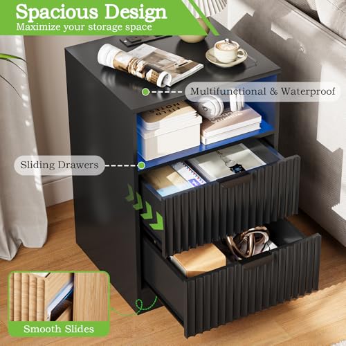 Image of Black Night Stand Set 2, LED Nightstand with Charging Station, Fluted Nightstands Set of 2 with 2 Drawers, Wood Side Table End & Bedside Tables for Bedroom Sofa Office